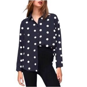 Zara EUC Navy Polkadot Button Down Shirt Blouse Size S